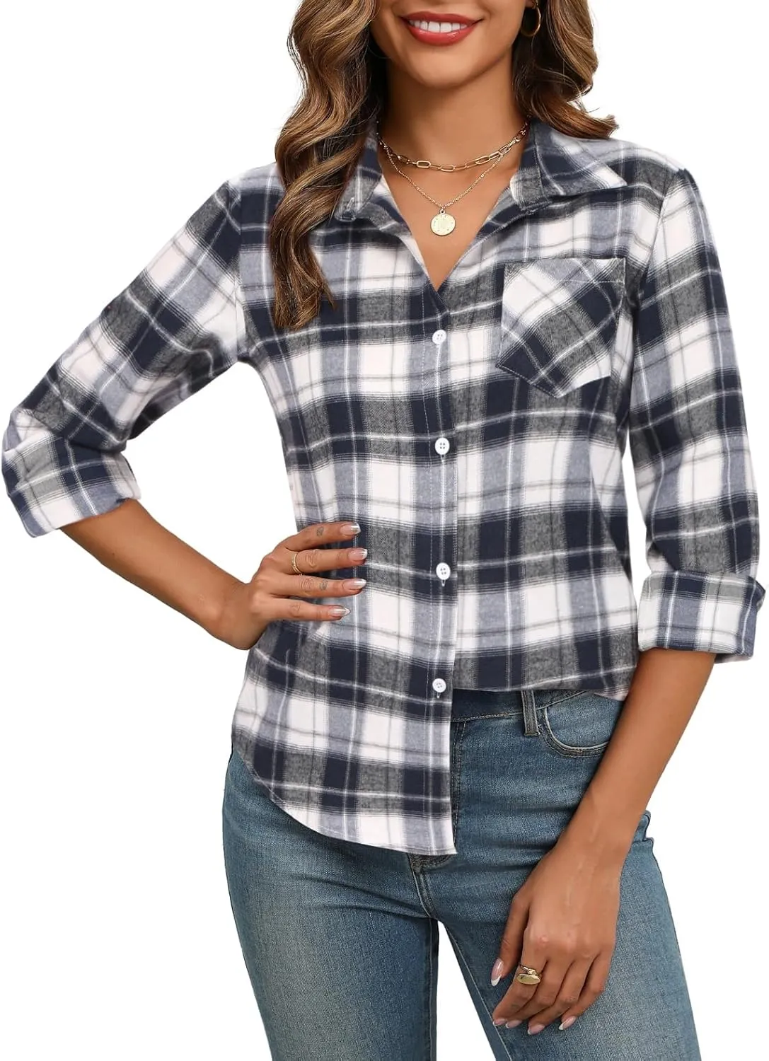 Zeagoo Women's Checked Blouse Long Sleeve V-Neck Shirt (DE Only)
