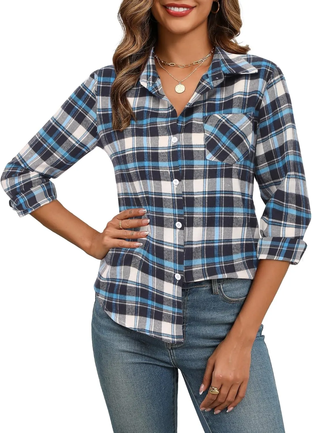 Zeagoo Women's Checked Blouse Long Sleeve V-Neck Shirt (DE Only)