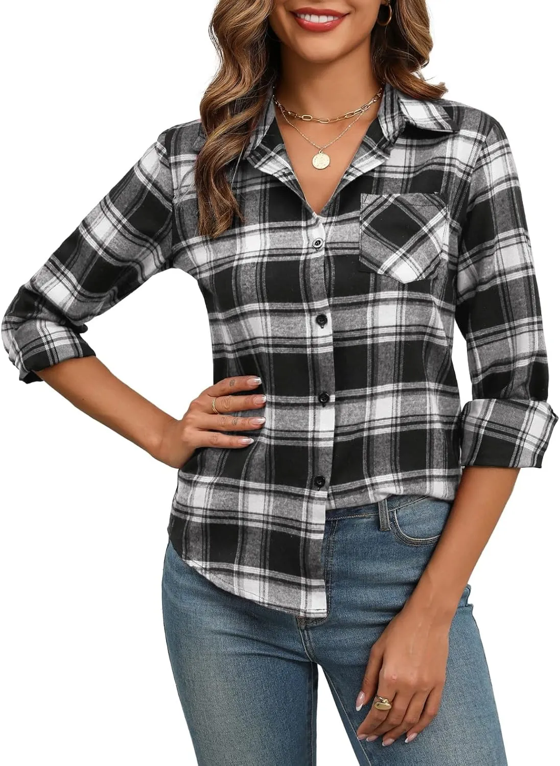 Zeagoo Women's Checked Blouse Long Sleeve V-Neck Shirt (DE Only)