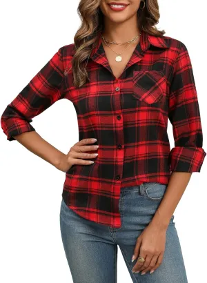 Zeagoo Women's Checked Blouse Long Sleeve V-Neck Shirt (DE Only)