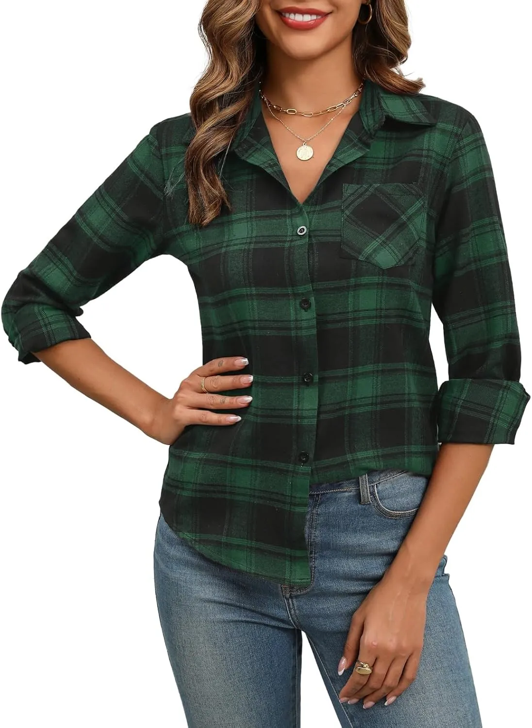 Zeagoo Women's Checked Blouse Long Sleeve V-Neck Shirt (DE Only)