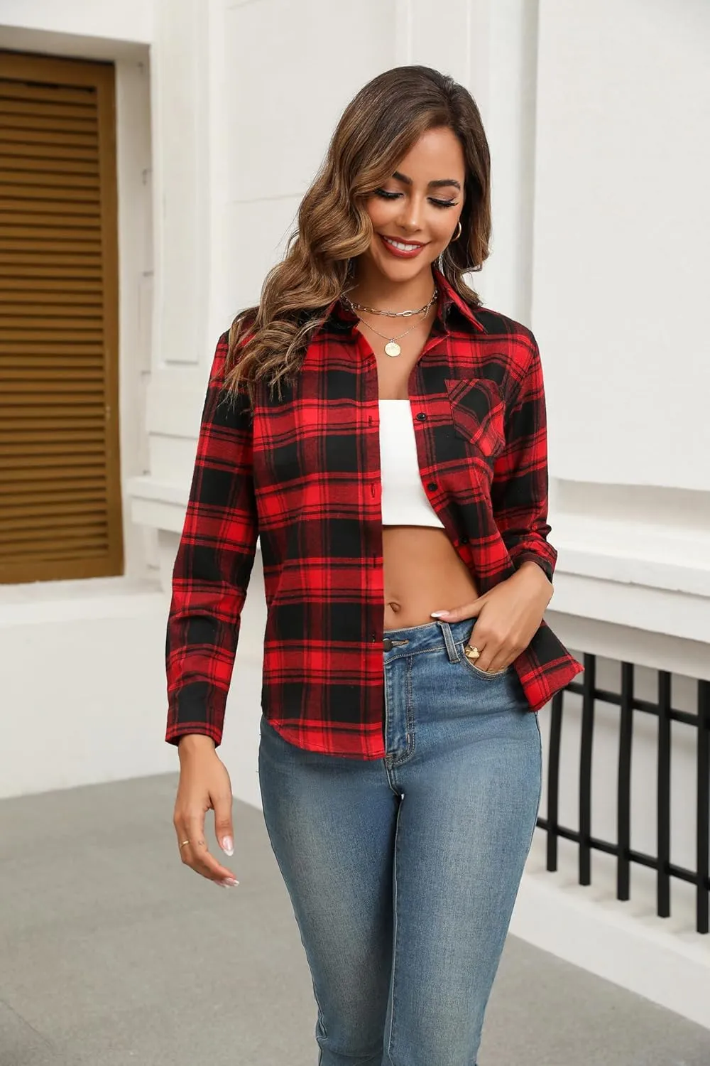 Zeagoo Women's Checked Blouse Long Sleeve V-Neck Shirt (DE Only)